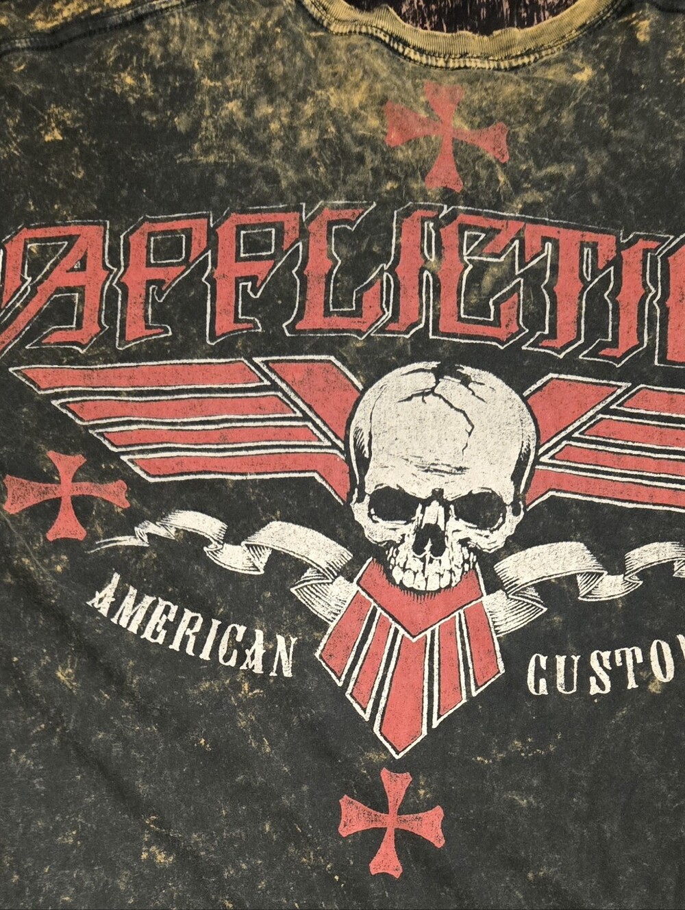 Affliction Black Graphic Tee with Red and White Skull Emblem